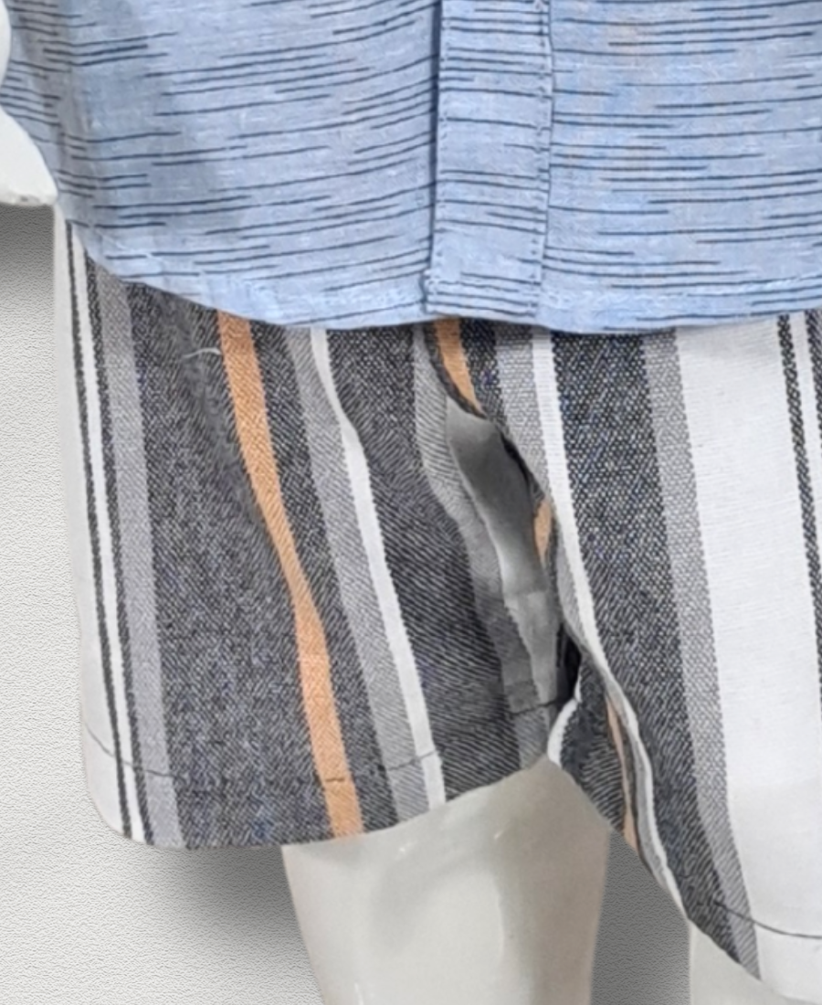 Sky-Blue Textured Shirt Paired With Lined Shorts