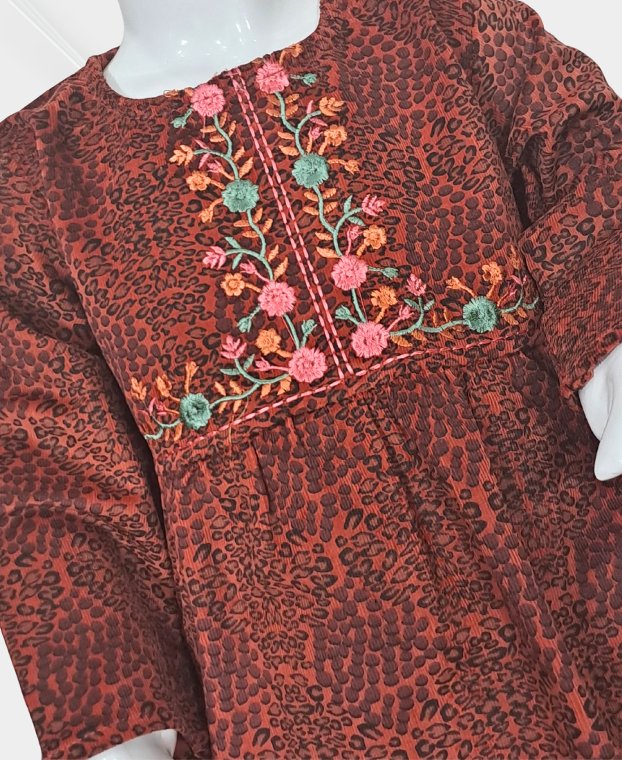 Redish Cheeta Printed Embroidered Corduroy Top