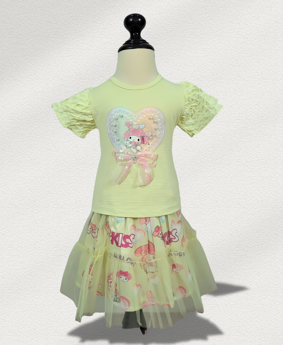 Lemon Green Printed Skirt Set With Doll Motive