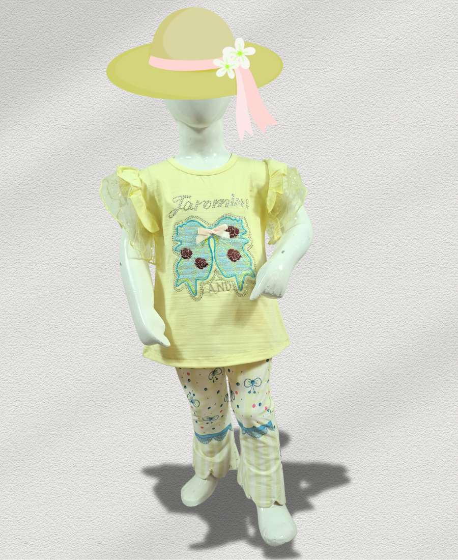 Lemon-Yellow Bow (Stone Work) With Printed Trouser