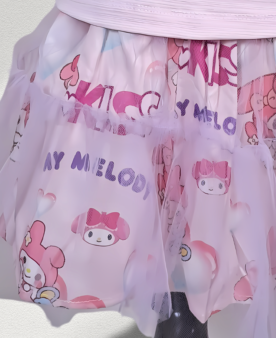 Lilac Printed Skirt Set With Doll Motive