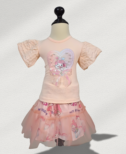 Peach Printed Skirt Set With Doll Motive