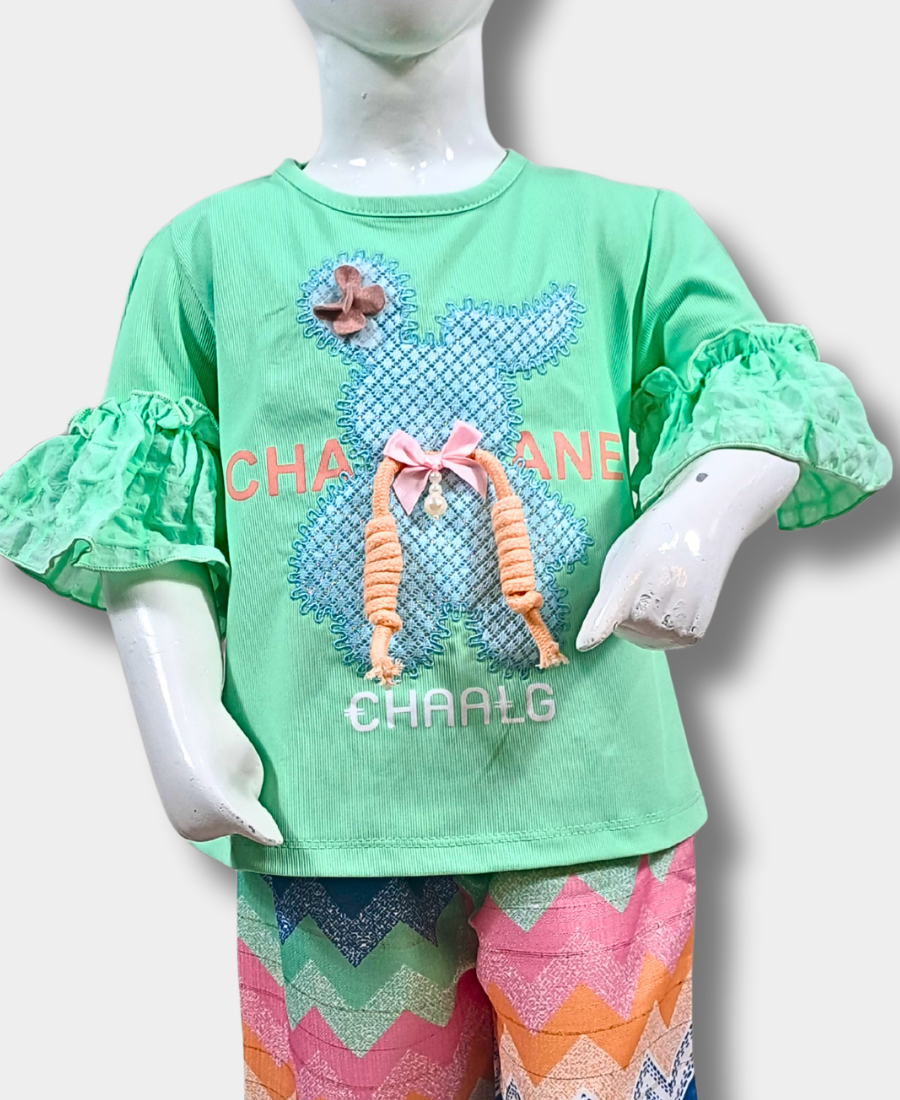 Aqua-Green (Bear Applique) Shirt With Multicolor Trouser