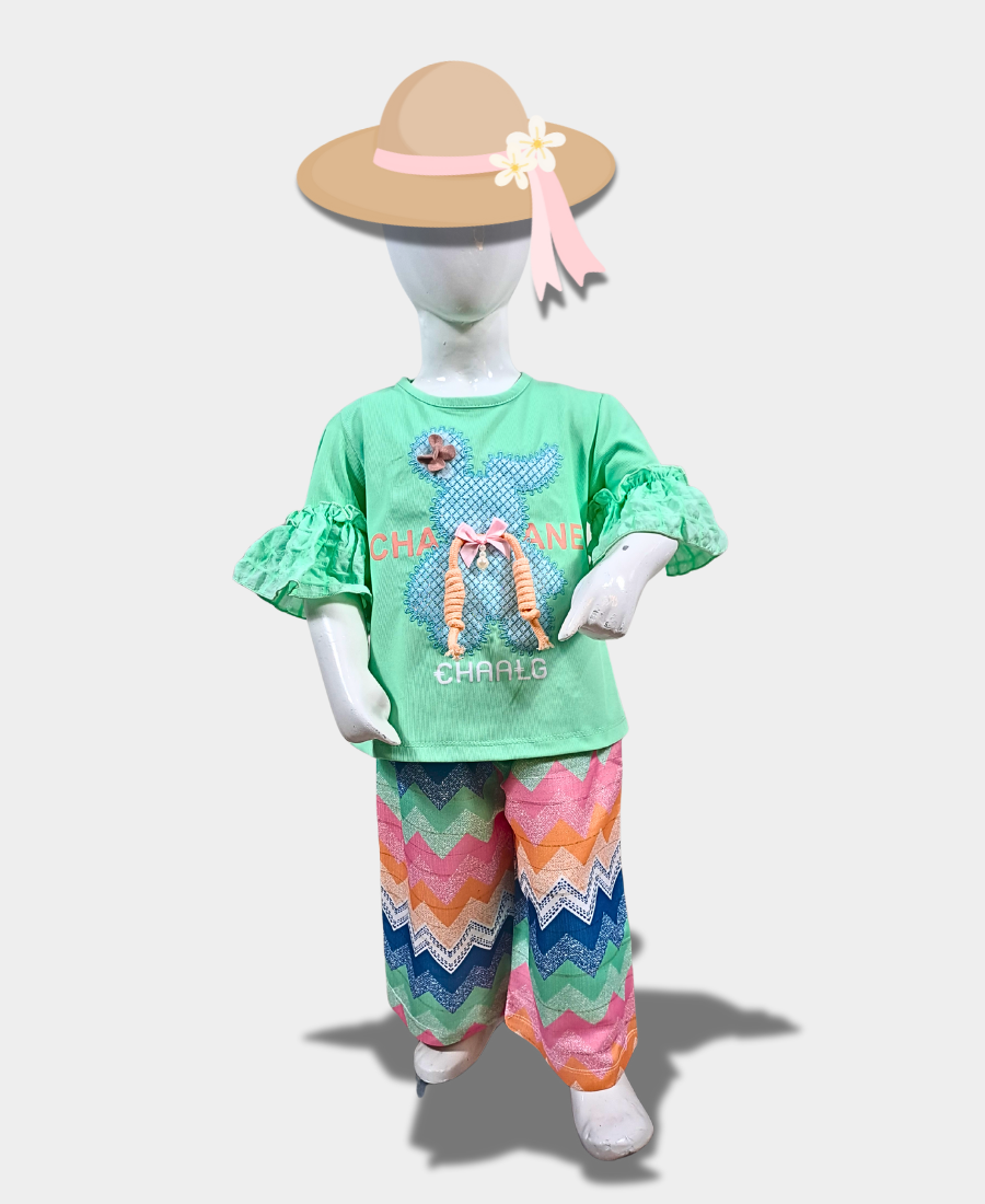 Aqua-Green (Bear Applique) Shirt With Multicolor Trouser