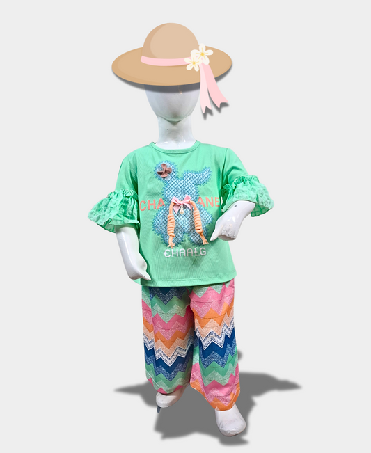 Aqua-Green (Bear Applique) Shirt With Multicolor Trouser