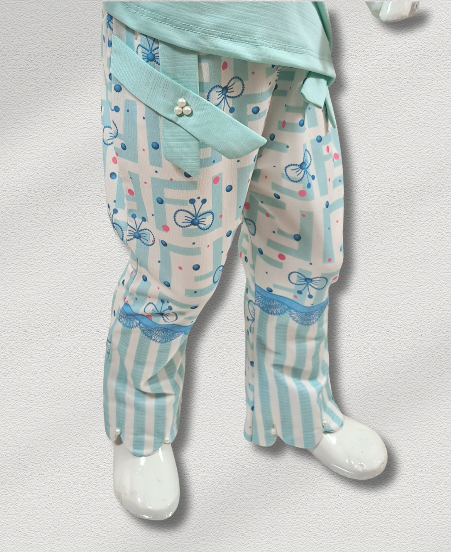 Aqua-Green Bow (Stone Work) With Printed Trouser