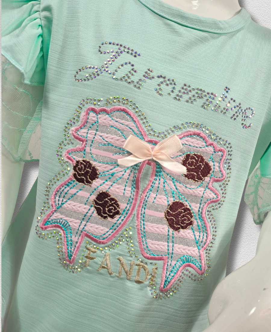 Aqua-Green Bow (Stone Work) With Printed Trouser