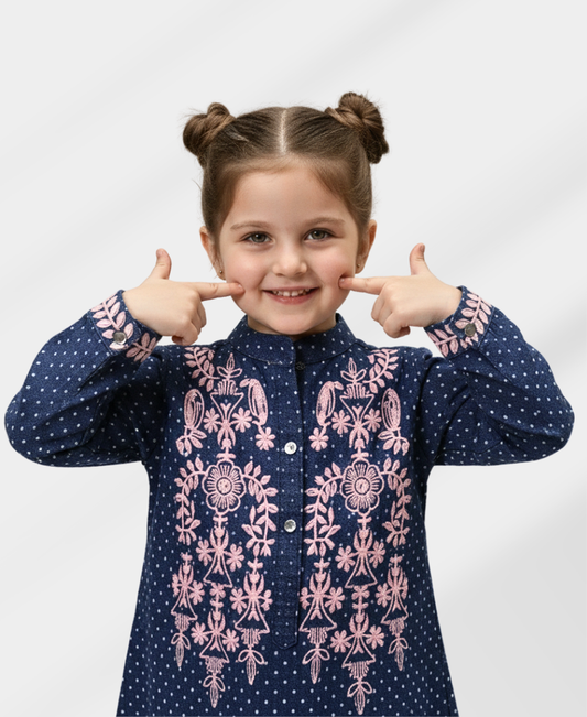 Navy-Blue Doted Corduroy Embroidered Top