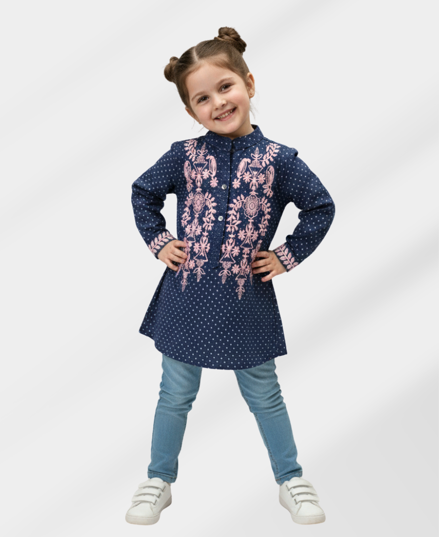 Navy-Blue Doted Corduroy Embroidered Top