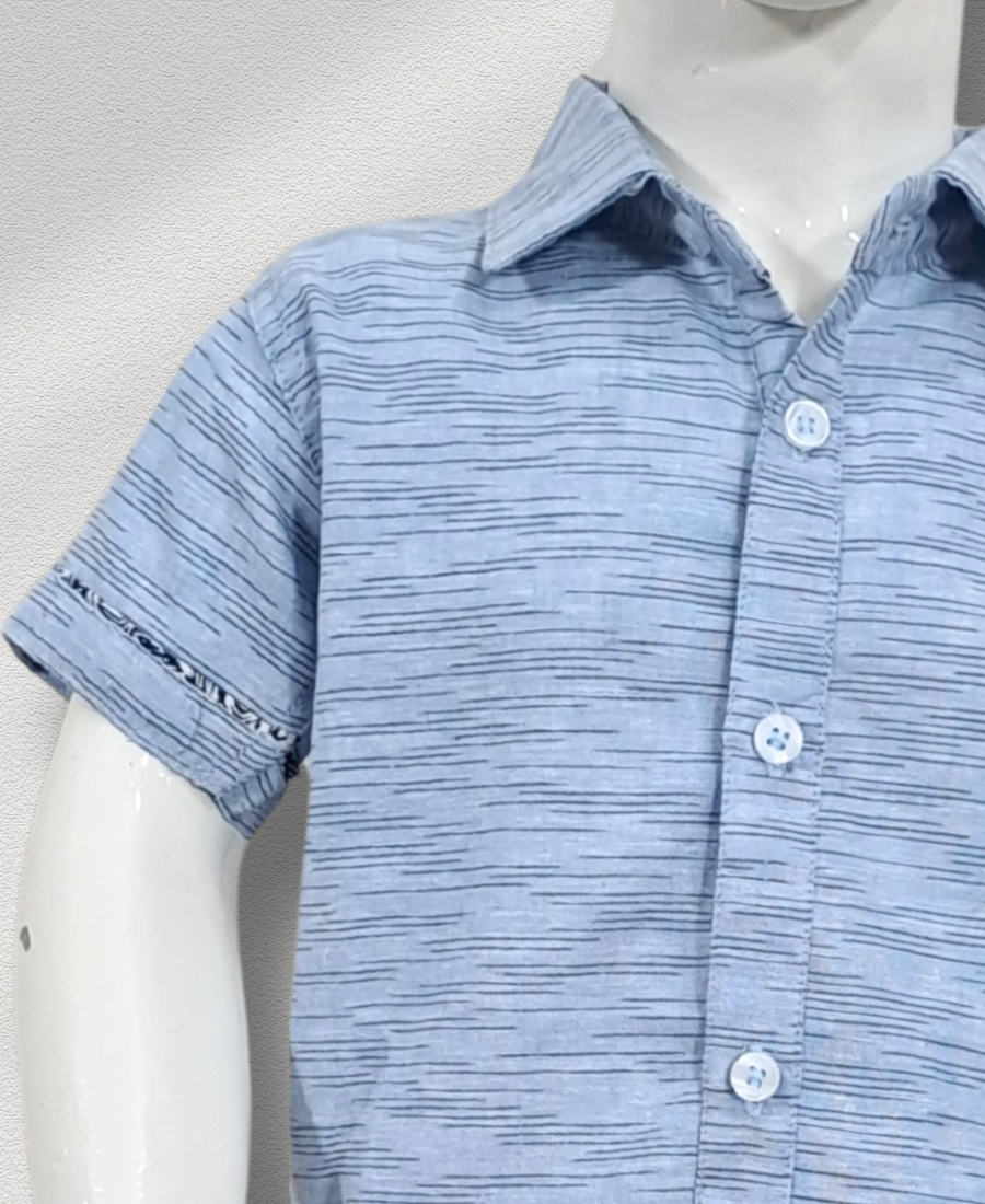 Sky-Blue Textured Shirt Paired With Lined Shorts