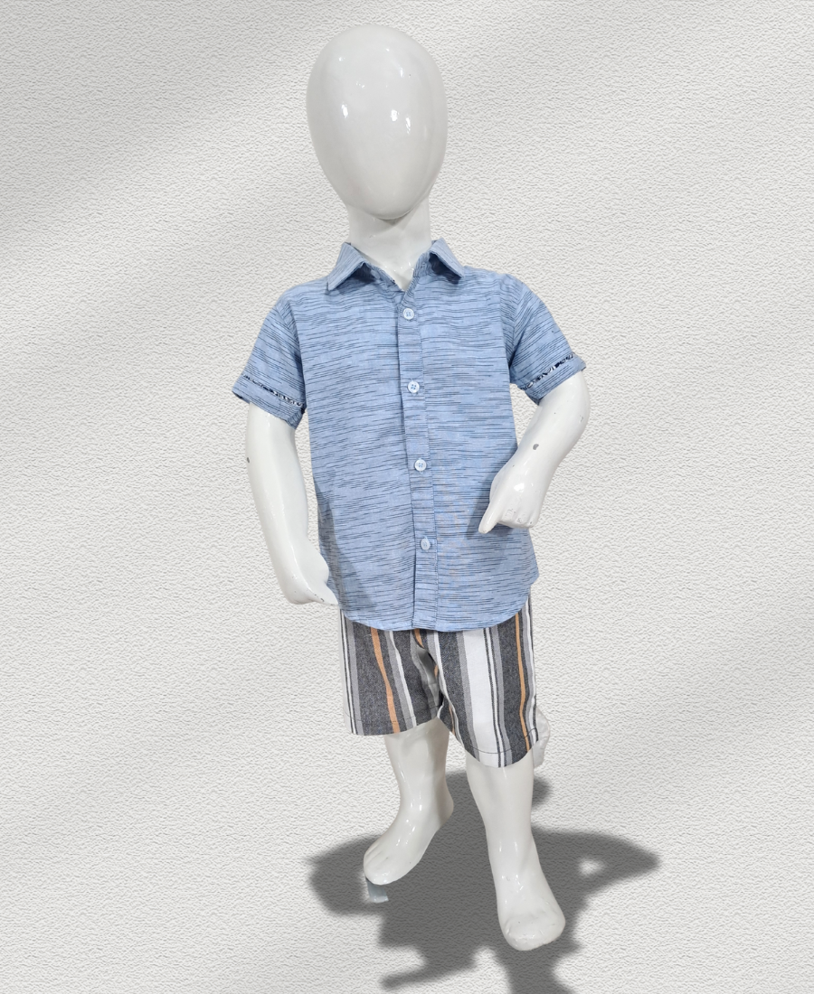 Sky-Blue Textured Shirt Paired With Lined Shorts