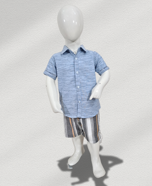 Sky-Blue Textured Shirt Paired With Lined Shorts
