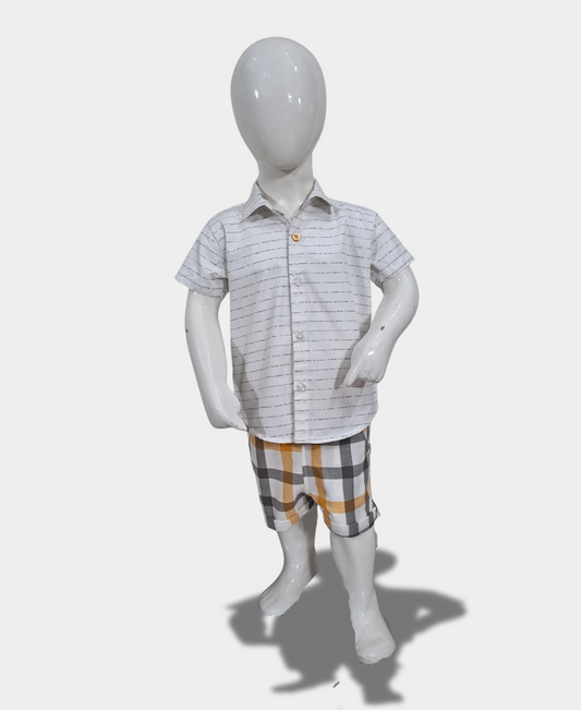 White Printed Shirt Paired With Checked Shorts