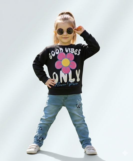 Black Embossed Flower Sweat Shirt