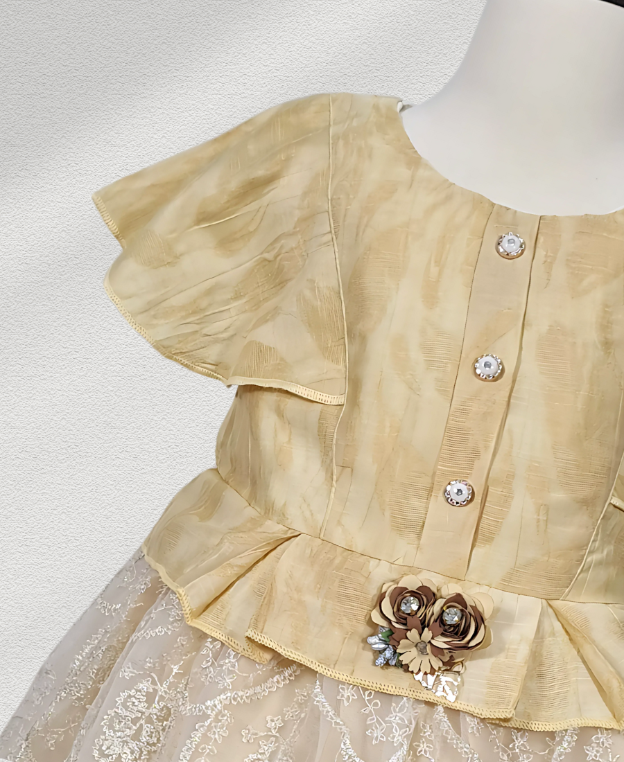 Mustard Formal Frock With Floral Motive