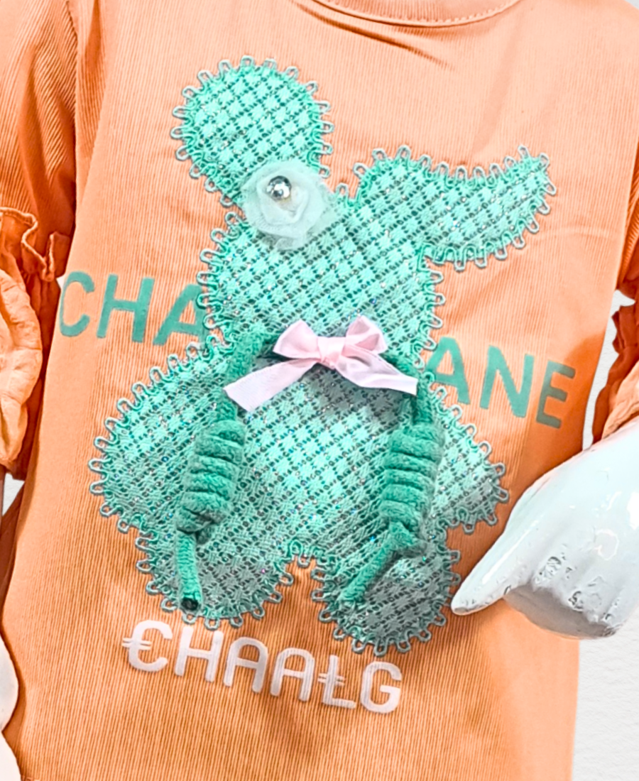 Orange (Bear Applique) Shirt With Multicolor Trouser