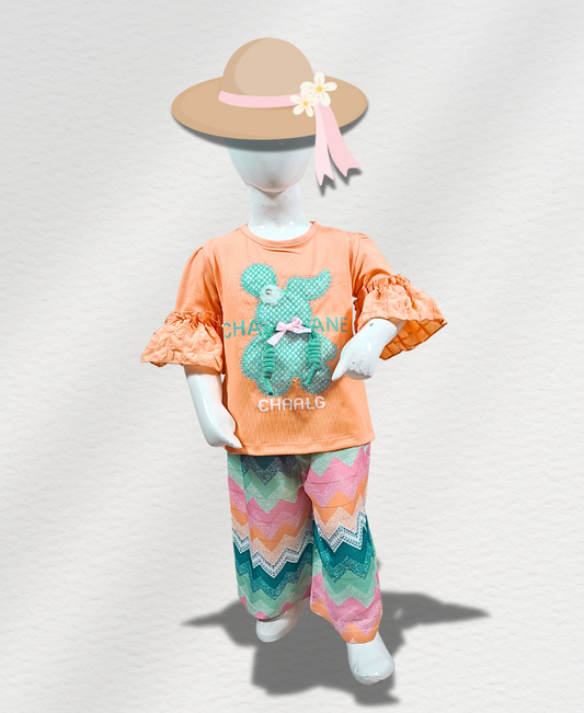 Orange (Bear Applique) Shirt With Multicolor Trouser