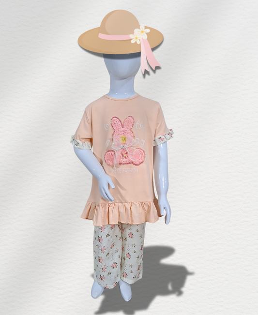 Peach Trouser Set (3D Floral Rabbit)
