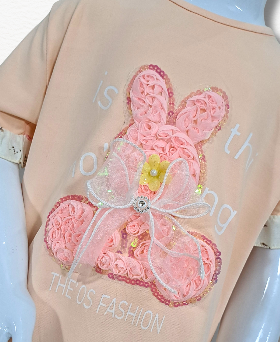 Peach Trouser Set (3D Floral Rabbit)
