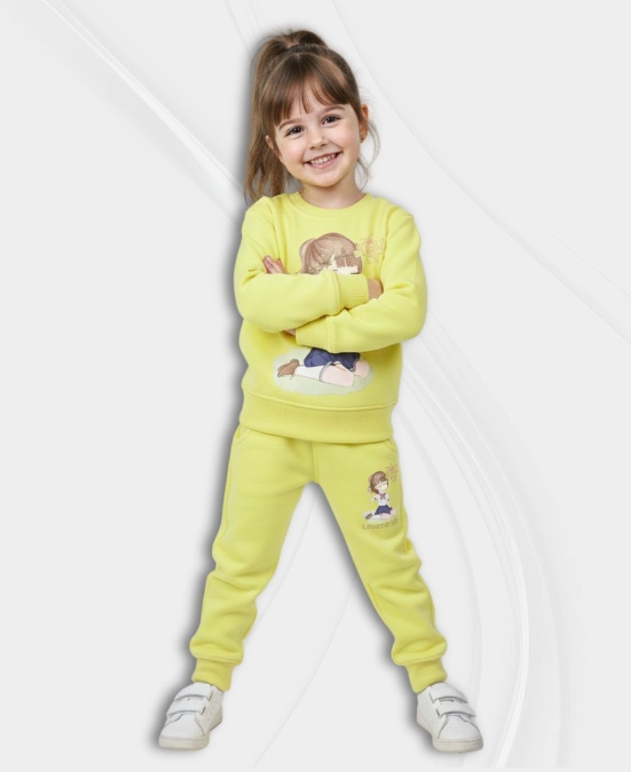 Lemon-Yellow Girls Premium Fleece Winter Tracksuit