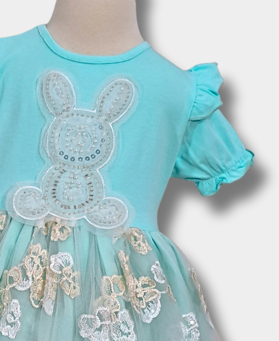 Sky-Blue Rabbit Net Fancy Frock