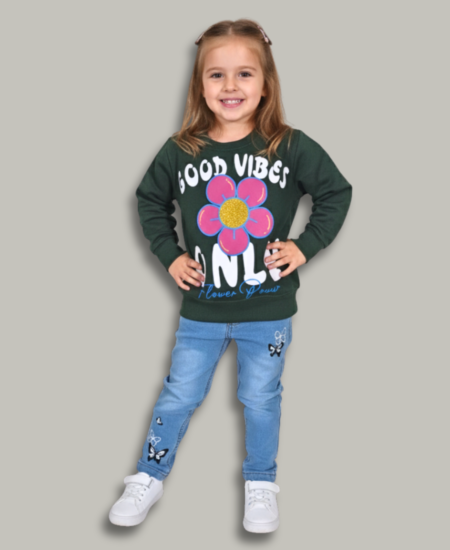 Dark Green Embossed Flower Sweat Shirt