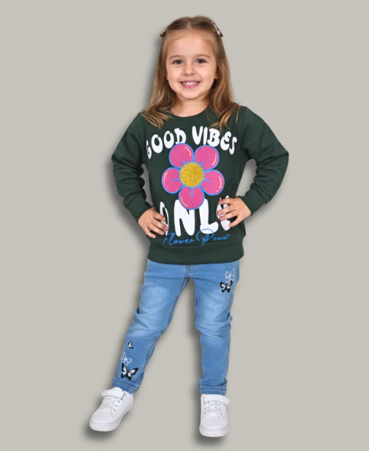 Dark Green Embossed Flower Sweat Shirt