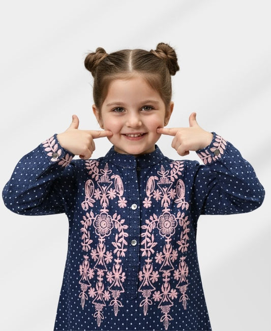 Navy-Blue Doted Corduroy Embroidered Top