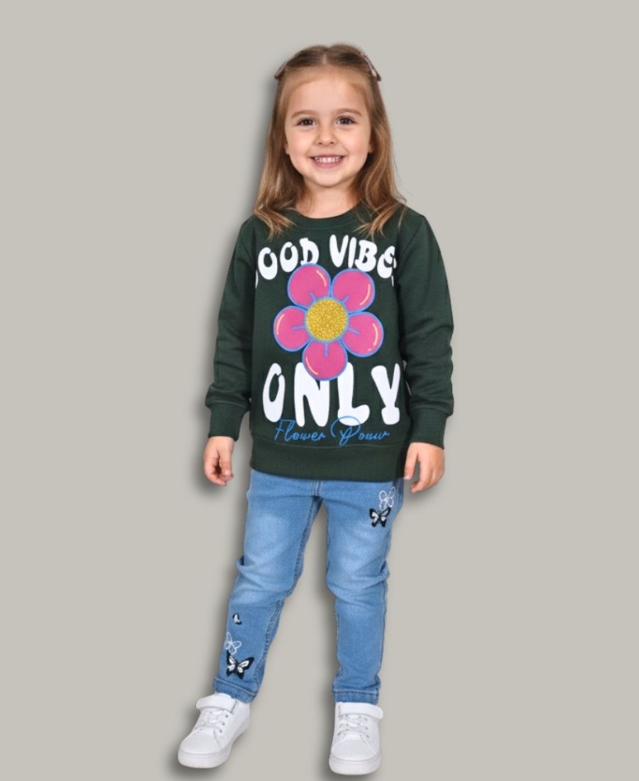 Dark Green Embossed Flower Sweat Shirt
