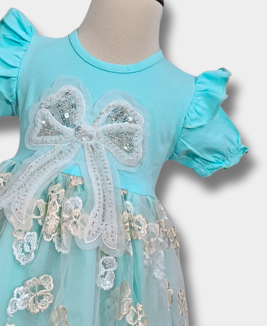 Sky-Blue Bow Net Fancy Frock