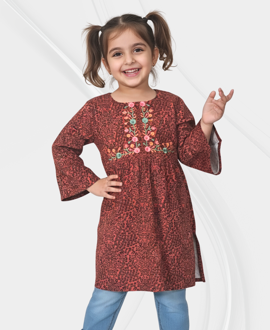 Redish Cheeta Printed Embroidered Corduroy Top