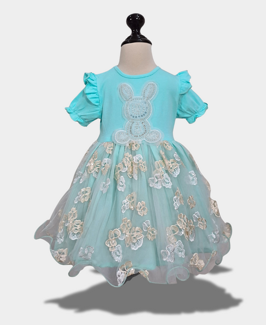 Sky-Blue Rabbit Net Fancy Frock