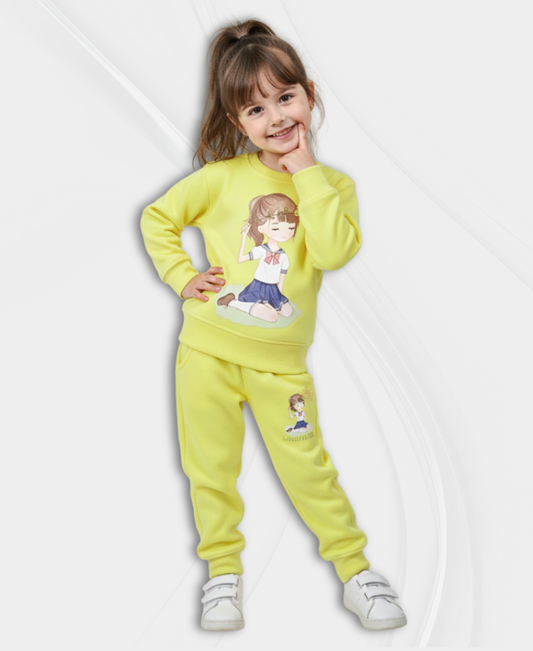 Lemon-Yellow Girls Premium Fleece Winter Tracksuit