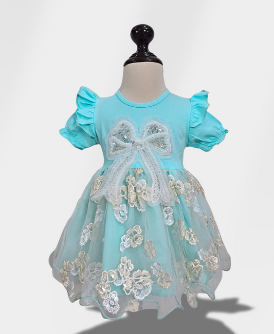 Sky-Blue Bow Net Fancy Frock