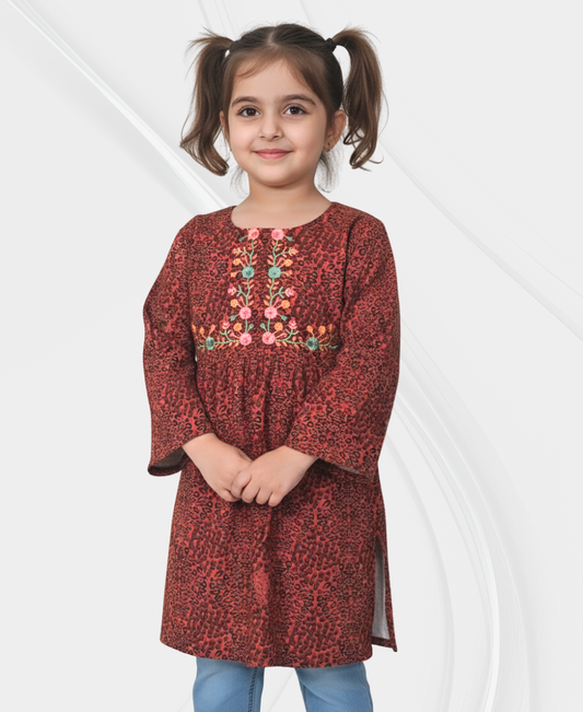 Redish Cheeta Printed Embroidered Corduroy Top