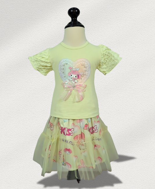 Lemon Green Printed Skirt Set With Doll Motive