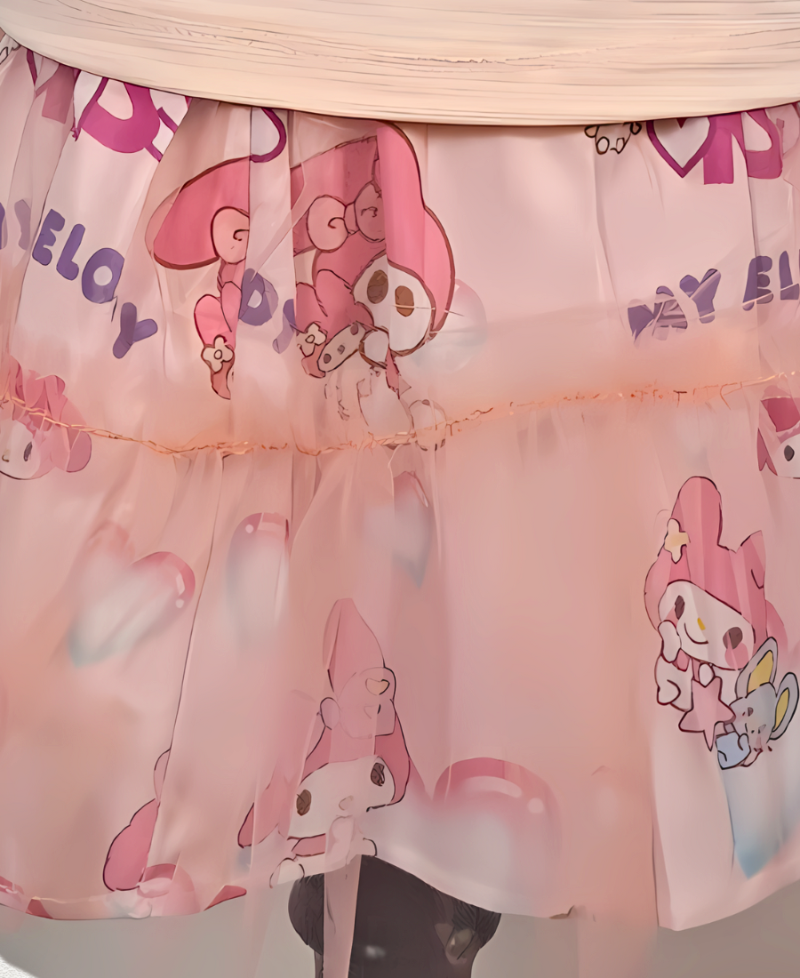 Peach Printed Skirt Set With Doll Motive