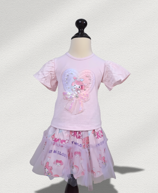 Lilac Printed Skirt Set With Doll Motive