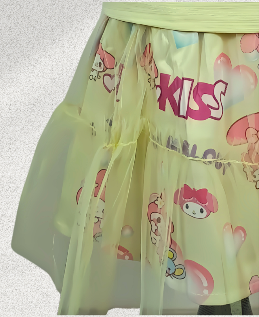 Lemon Green Printed Skirt Set With Doll Motive
